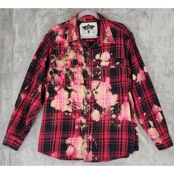 Southern Fried Gypsy Tops - SFG Shirt Womens XXLarge Pink Black Bleached Plaid Flannel Distressed Button Up